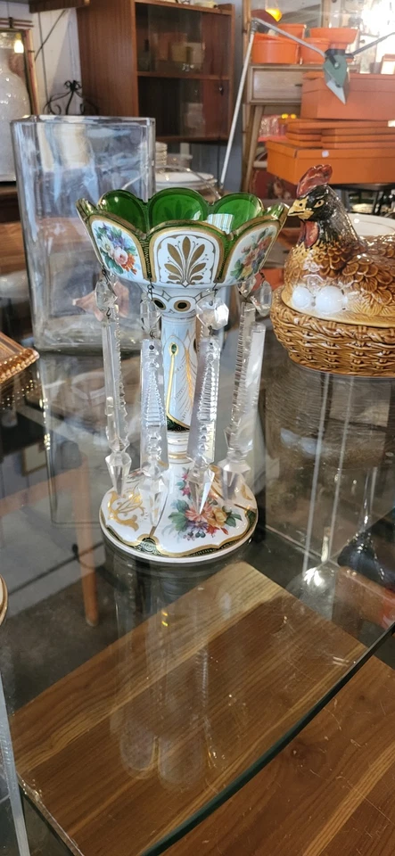 Napoleon 3 Paire De Porte Ananas Opaline Émaillée Pampille Cristal Baccarat - Photo 2/4