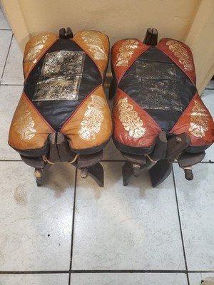 Pair (2) Vtg Camel Saddle Seat Ottoman Foot Stool Leather Wood Bench