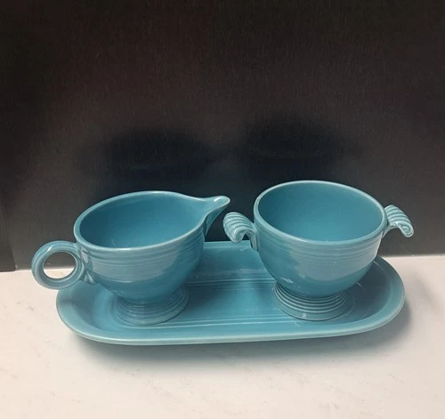 Vintage Fiestaware Turquoise Cream Sugar W/Under Plate READ DESCRIPTION