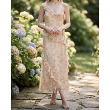 Storia Floral One Shoulder Ruffle Maxi Dress Cream Pink Boho Romantic Size L NEW
