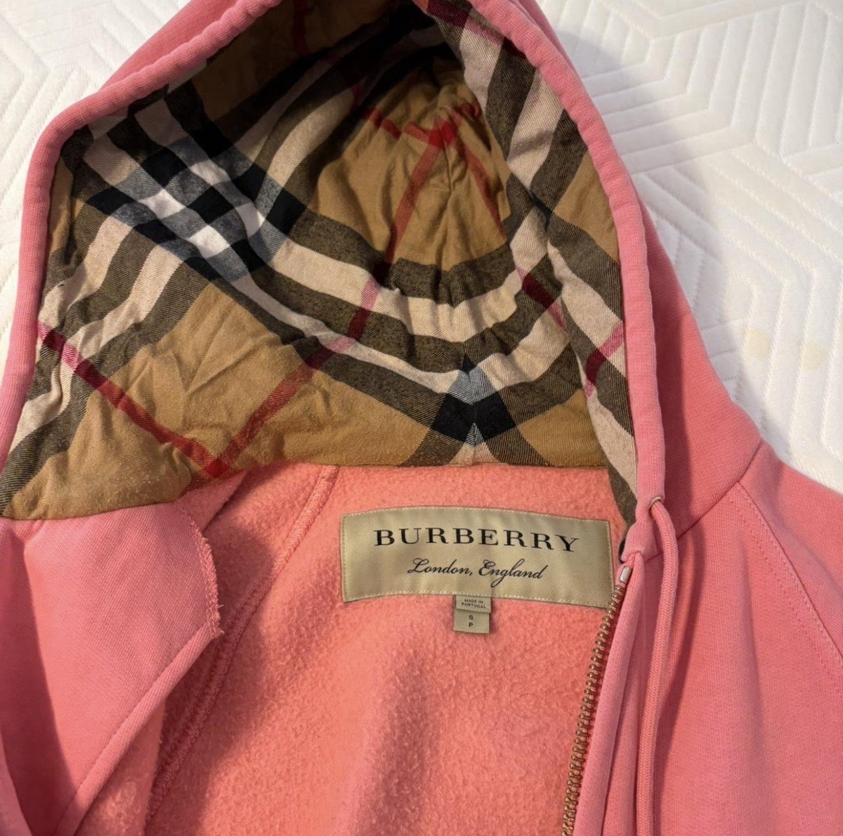 Burberry Pink Full Zip Hoodie Women's S plaid check hood Logo