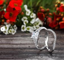 14k White Gold 2.50 Ct Princess Cut Moissanite Engagement Ring Set For Women's