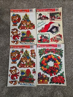 Vintage Color Clings Sheets Christmas Tree Window Cling Holiday Wreath Lot of 4