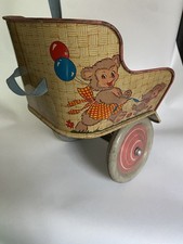 Vtg Ohio Art Tin Metal Doll Stroller Cuddly Puppy Dog And Happy Bear