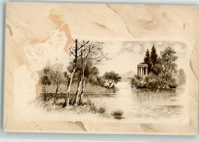 10666751 - An island with a small temple on it birches Art Nouveau woman