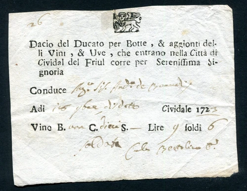 VENICE duty receipt BOTTI AND WINE entering the city of CIVIDALE of 1723