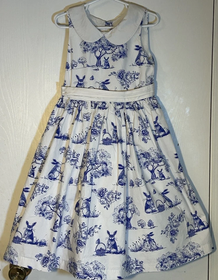 Gymboree Little Girl Sz 6 Dress White Peter Pan Collar Blue Bunny/Easter Basket - Image 2 of 4