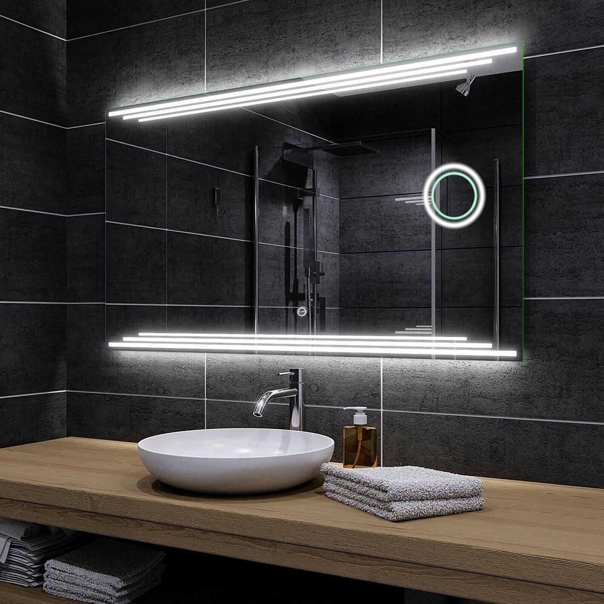 Miroir De Salle De Bain LED Moderne – Design Argenté, Avec Horloge Et Interrupteur – Marque Alasta