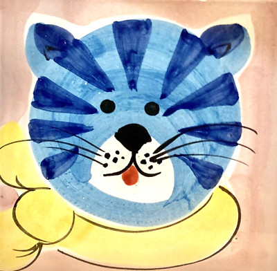 Vintage Italian Hand-Painted Blue Tiger Ceramic Tile Italy 8  Cats Scarf MCM Cat