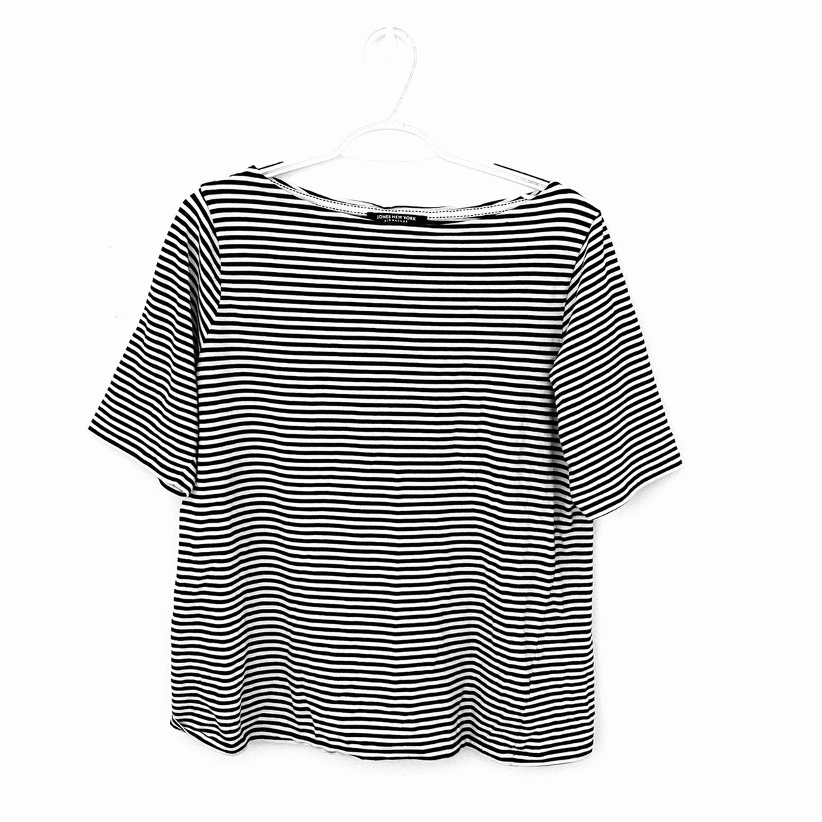 Jones New York Womens L Black White Stripe Short Sleeve T