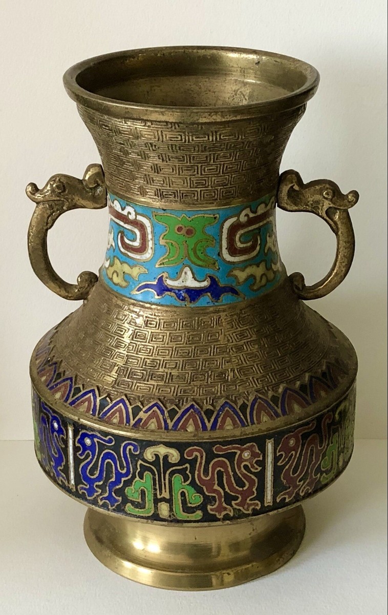 Vintage Japanese Brass LARGE Cloisonne Enamel Tall Urn Vase w