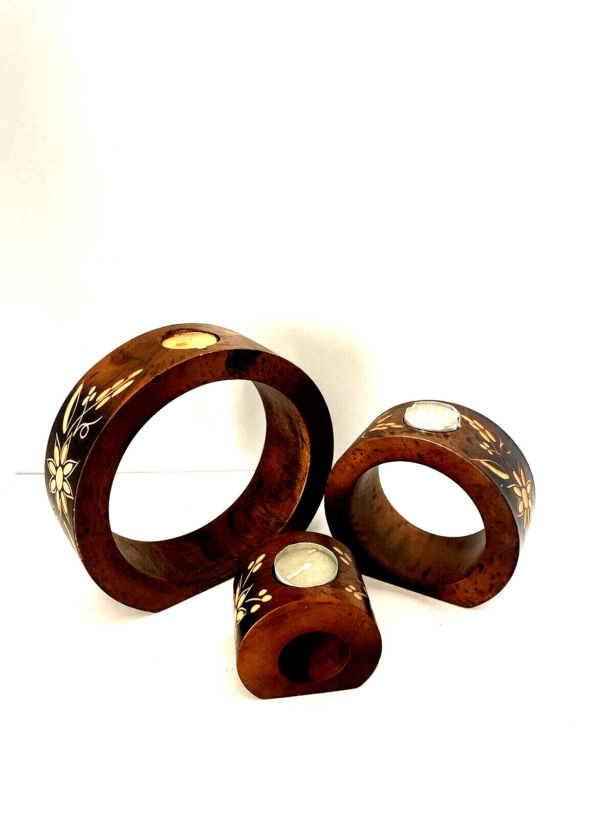 Bamboo Tea Light Candle Holders Carved Wood 3 Tier Set