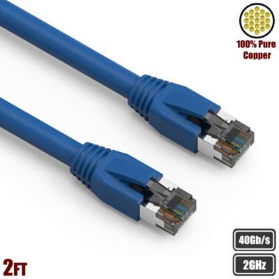 2FT Cat8 RJ45 Network LAN Ethernet S/FTP Patch Cable Copper 2GHz 40Gbps Blue
