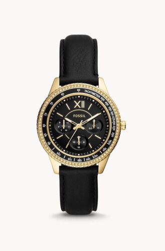 Fossil Stella Watch Women Gold Black Leather 38mm Crystal Day Date Sport Running