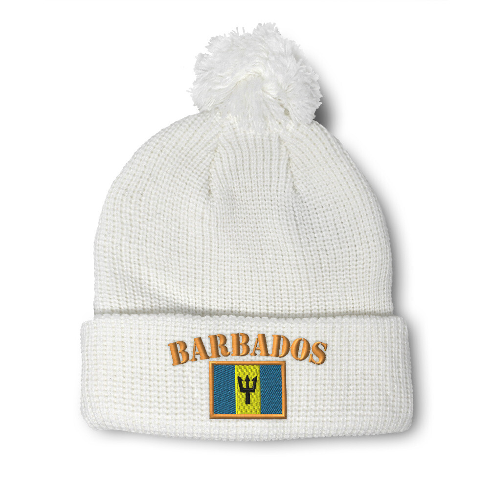 Barbados Flag Embroidered Pom Pom Beanie for Women and Men Winter Skull Cap