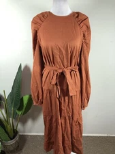 The Get Dramatic Tiered Dress Long Sleeve Brown Clay Tie Waist Size Small