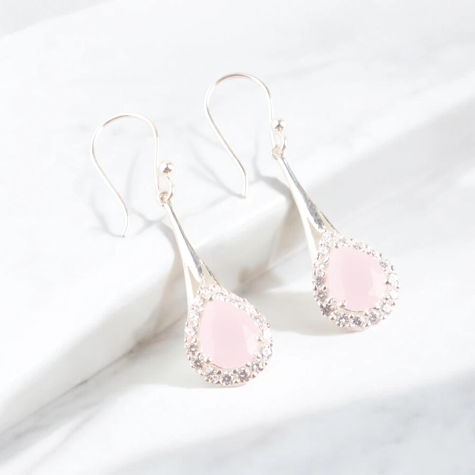 Rose Chalcedony Cubic Zirconia Gemstone Dangle Earrings 925 Sterling Silver - Image 2 of 4