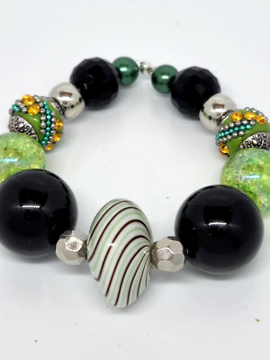 NEW lilah ann BOHO BEADED stretch BRACELET green SILVER black RHINESTONE G57