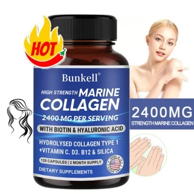 BUNKELL High Strength Marine Collagen Capsules Supplement - 2400mg - 30 to 120 Capsules