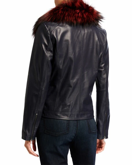 NWT $625 Neiman Marcus navy blue leather Zip Moto Jacket red Fur Collar & GIFT L - Image 3 of 4