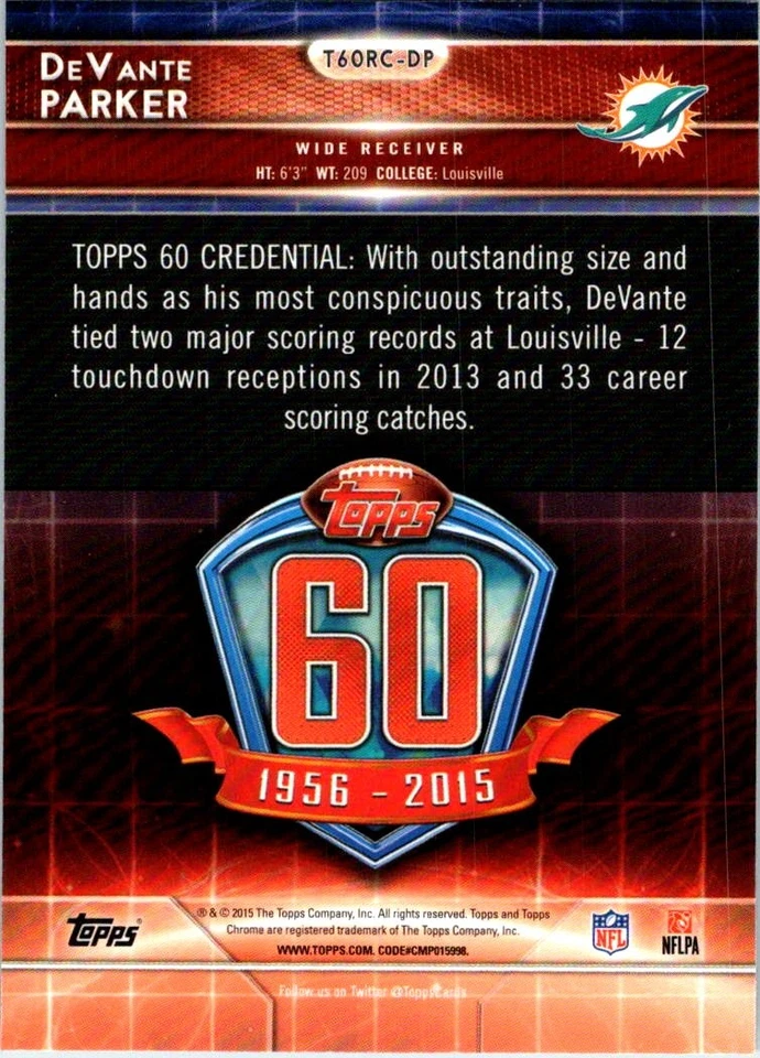 2015 Topps Chrome #T60RC-DP DeVante Parker 60th Anniversary Rookies - Image 2 of 2