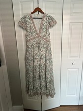 White Floral V-Neck Short Sleeve Midi Dress Rayon Woven Trim Pullover S