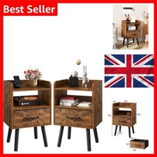 Rustic Brown Bedside Table Set of 2 Wooden Nightstands with Fabric Drawer & O...