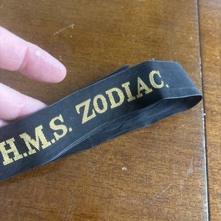 H.M.S. ZODIAC Royal Navy Naval Ribbon Cap Band Tally. With full stop vintage