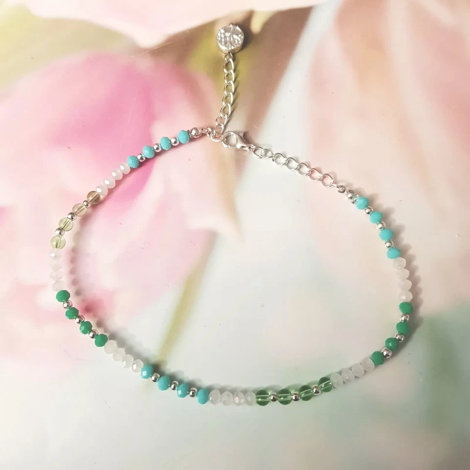 SYLVIE'S Fusskette XL Kristall Silber 29-33 cm Mint Türkis Weiß Silber Neu/1181