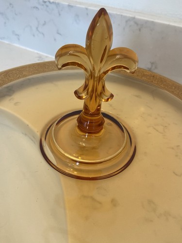 Vintage Amber & Gold Fostoria Glass Etched Fleur de Lis Sandwich Tray, No Chips - Picture 2 of 10