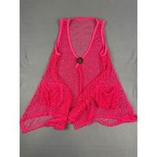 Artsy Lagenlook Crochet Vest Cover Up Pink Asymmetrical Hem Pockets Large