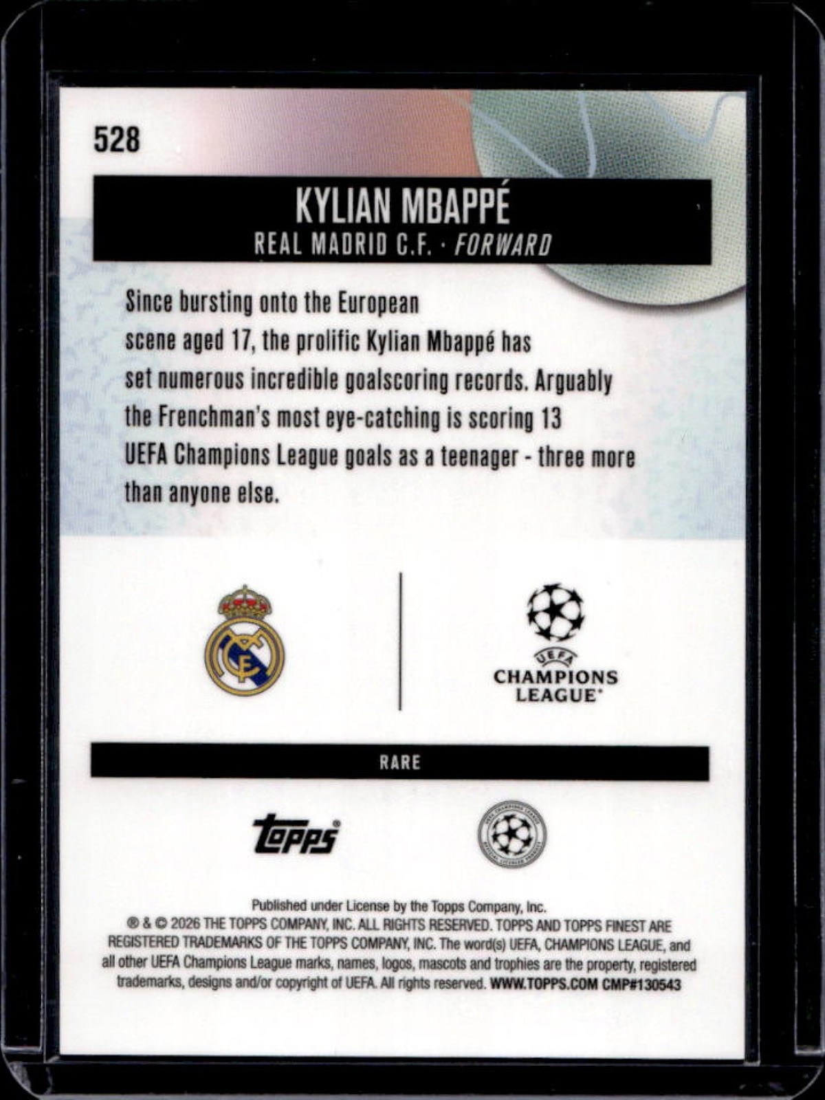 2025-26 Topps Club Competition Finest Kylian Mbappe Rare Blue Refractor #/99 view 2
