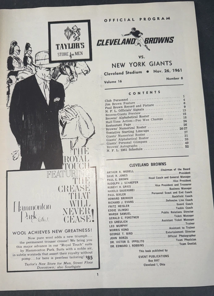 CLEVELAND BROWNS vs New York Giants NFL game Program Nov 26th 1961 W/ Ticket - Image 4 of 4