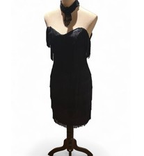Vintage 90s Roberta Strapless black fringe mini dress with zipper back