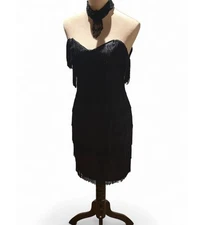 Vintage 90s Roberta Strapless black fringe mini dress with zipper back