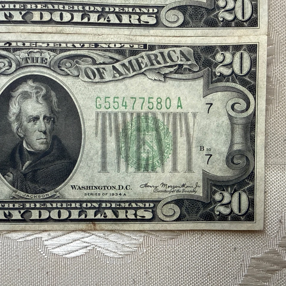 Two Consecutive Serial Number Uncirculated  $1934A $20 Twenty Dollar Bills - Image 3 of 4