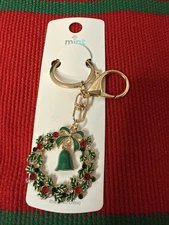 Christmas Wreath With Bell Keychain Bag Accessory Charm Gold Tone Enamel NIP