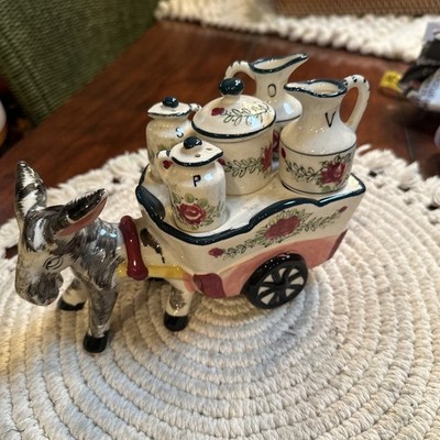 VNTG DONKEY BURRO CONDIMENT SET SALT PEPPER ++ Enesco Japan NOS Complete 7 Pc M6