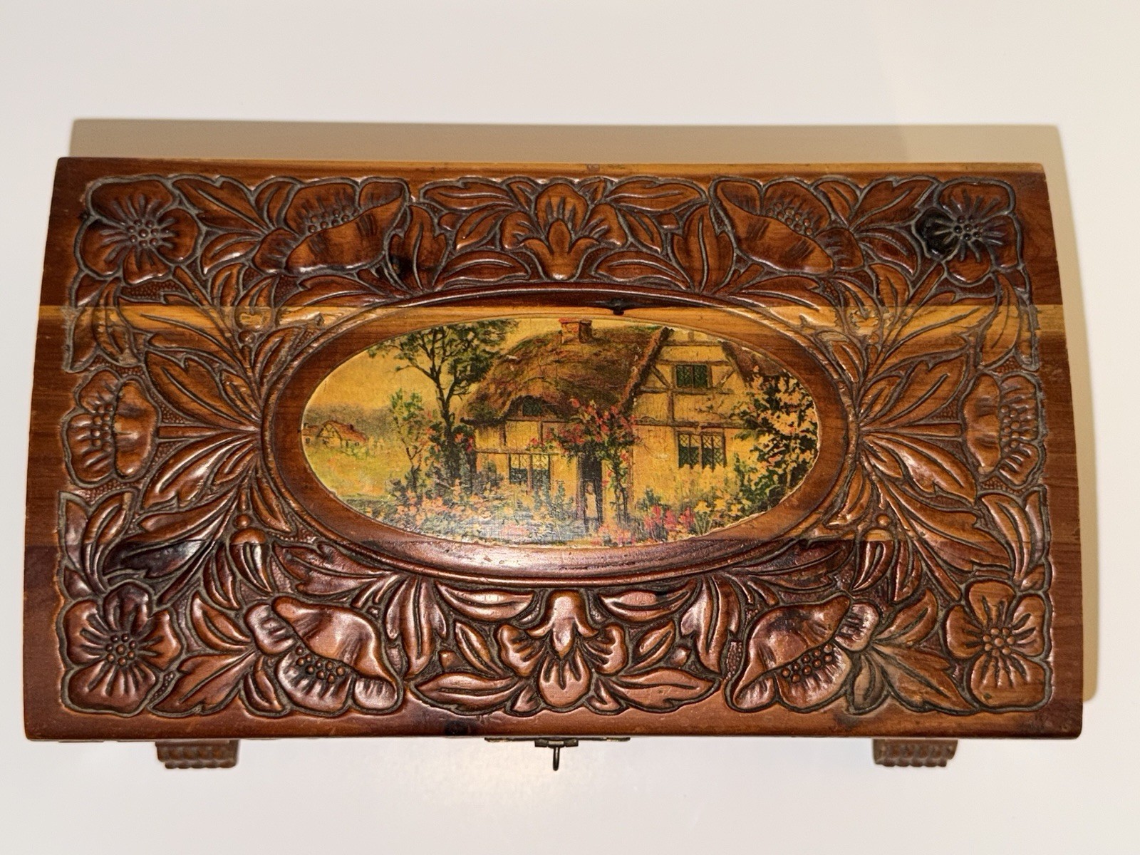Vtg Hand Carved Wooden Cedar Storage Box w Mirror  Hinged Lid Handles