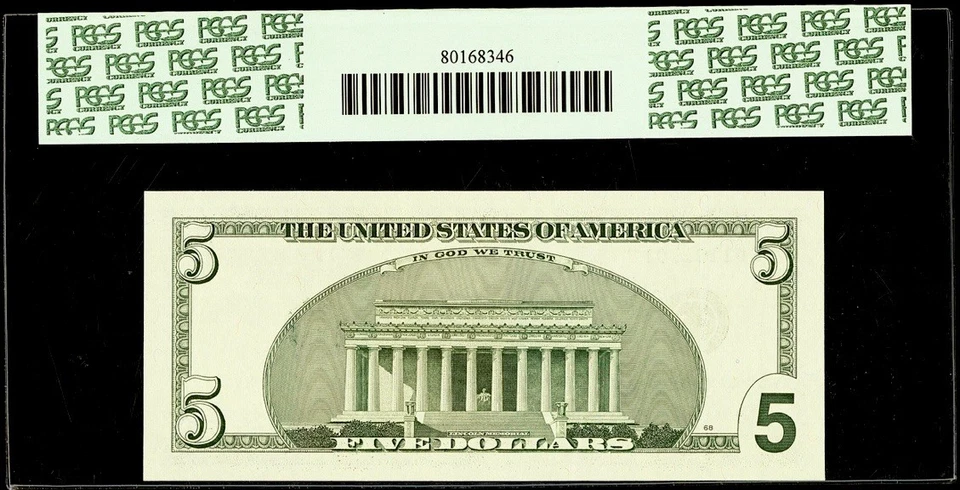 TRUE BINARY SERIAL # FE01101101B PCGS 69 PPQ FR 1991-E 2003 A $5 Dollar TOP POP - Image 2 of 2