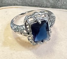 ART DECO ANTIQUE STYLE 925 STERLING SILVER SIMULATED SAPPHIRE RING sz 7.25  801