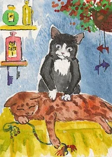 ACEO FOLK ART PRINT OF PAINTING RYTA BENGAL TUXEDO CAT WHIMSICAL SPA Massage 😺