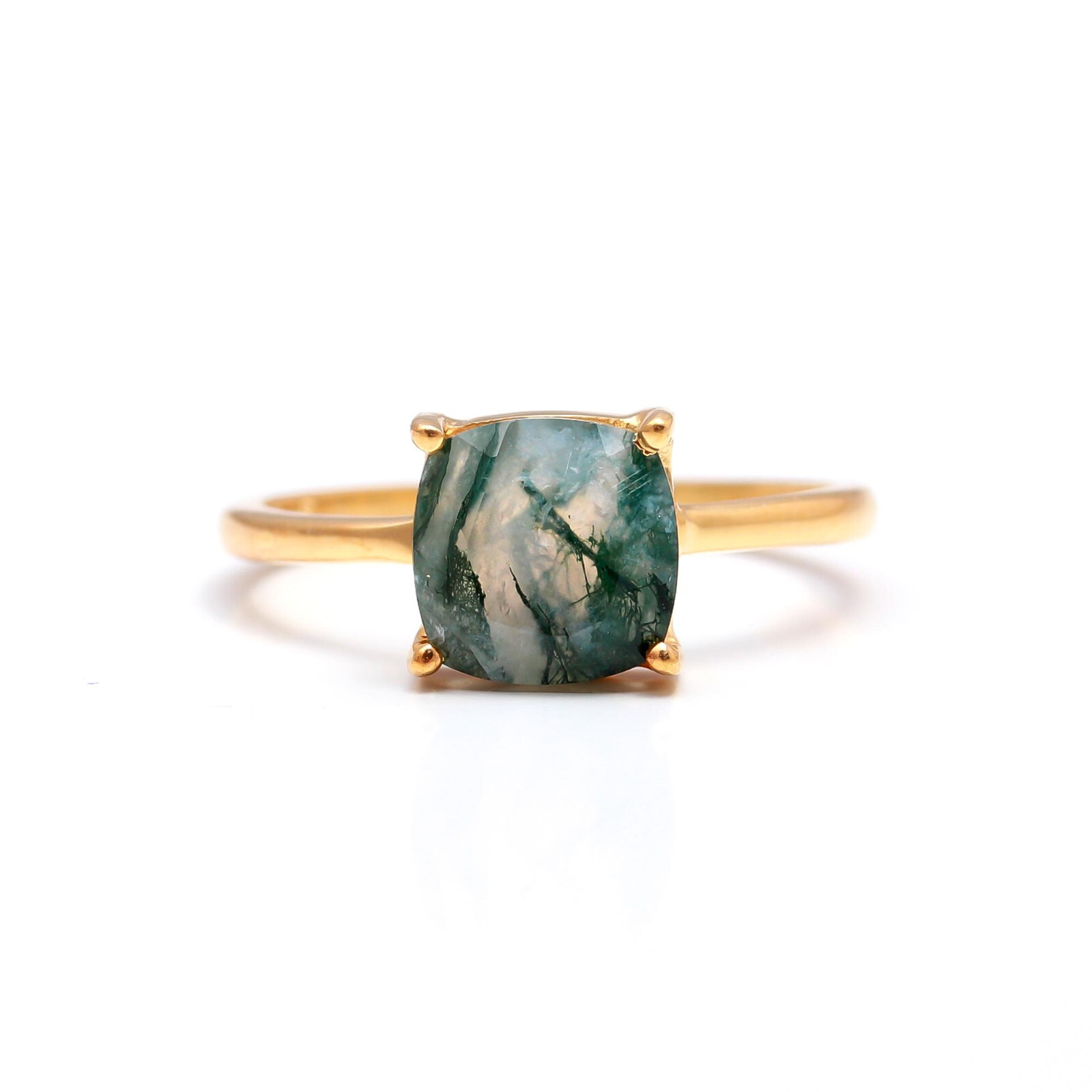 Natural Moss Agate Gold Plated Ring in 925 Sterling Silver Custom Sizes