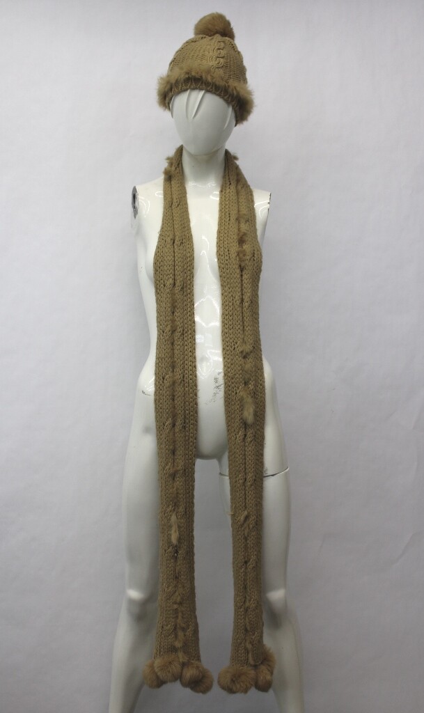 MINT BEIGE BROWN KNITTED WITH RABBIT FUR HAT GLOVES SCARF WOMEN WOMAN ONE SIZE