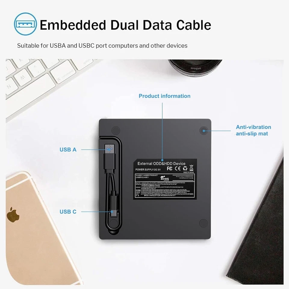 Lettore CD Esterno per PC Portatile, Sottile USB 3.0 Type-C CD/DVD +/-RW Masteri - Immagine 3 di 4
