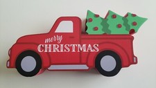 Red "Merry Christmas" Christmas Tree Truck Solid Wood Free Standing Table Decor