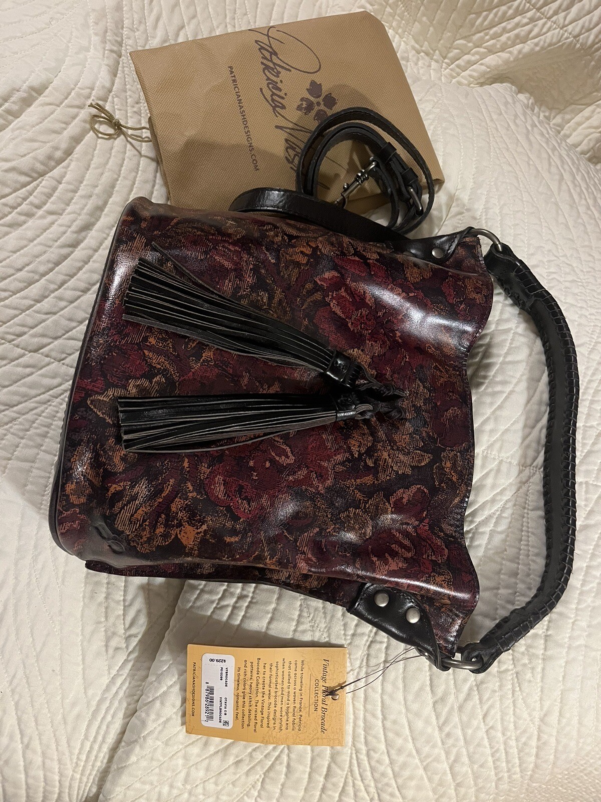 NWT Patricia Nash Otavia Vintage Floral Brocade Black Tassel Leather