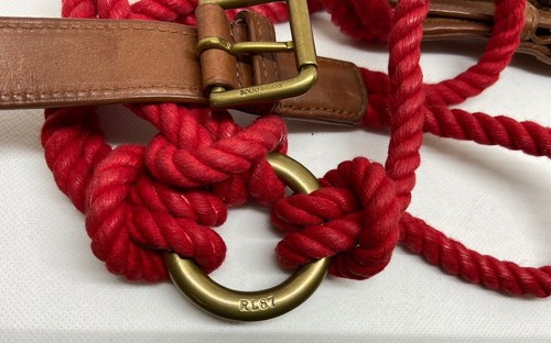 RALPH LAUREN COLLECTION DOUBLE STRAP BRAIDED RED ROPE LEATHER BELT BRASS BUCKLE - Picture 5 of 6