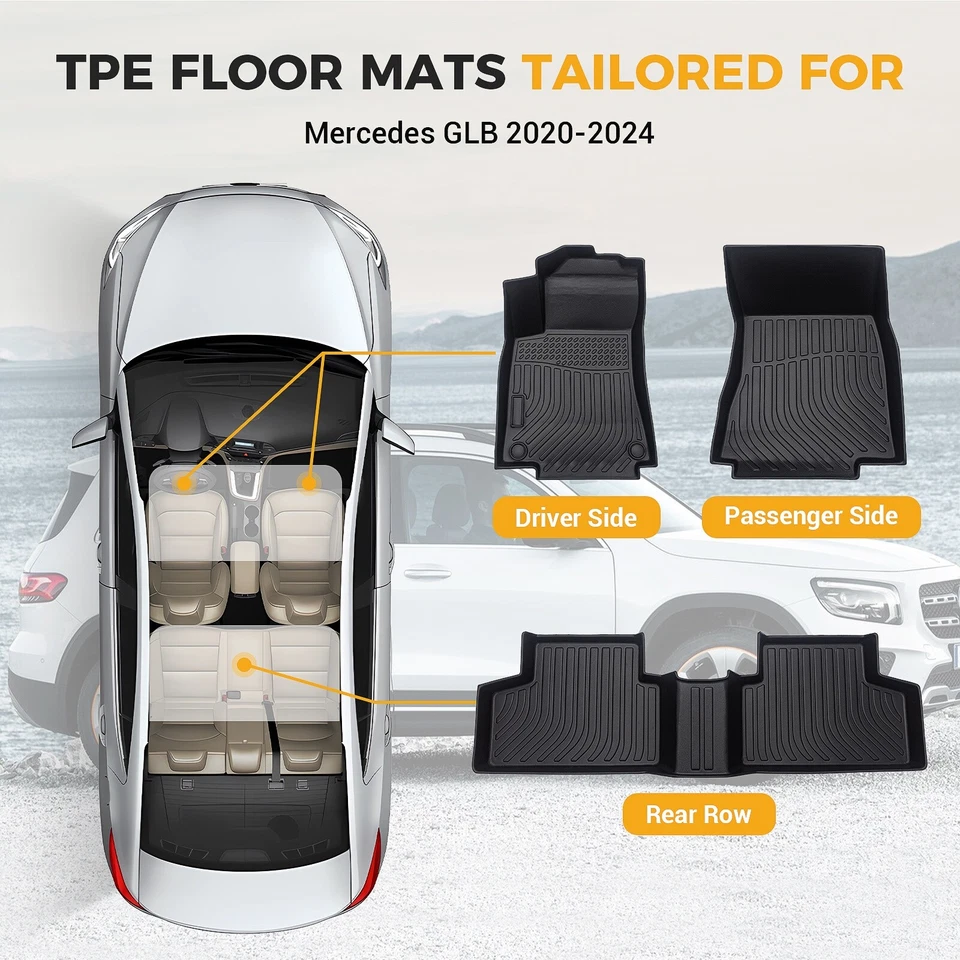 全天候脚垫 TPE 橡胶衬里适用于 2020 - 2025 梅赛德斯奔驰 GLB 2 行 — 第 3/4 张图片