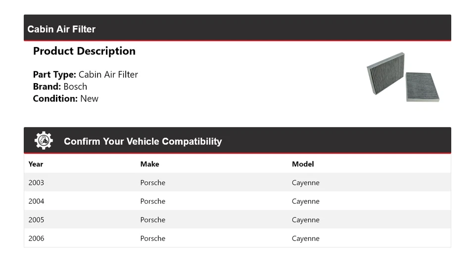 For 2003-2006 Porsche Cayenne Bosch Cabin Air Filter 2004 2005 - Image 2 of 3